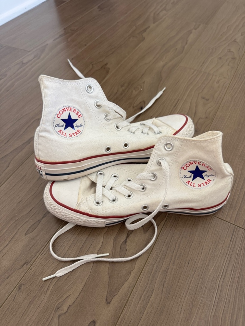 Converse White High Top Sneakers with Red & Blue Accents